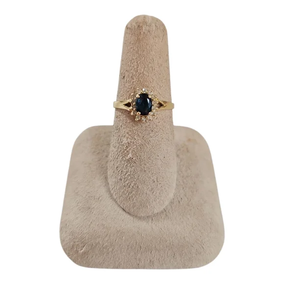 Vintage 14K Gold Sapphire & Diamond Halo Ring - Size 7